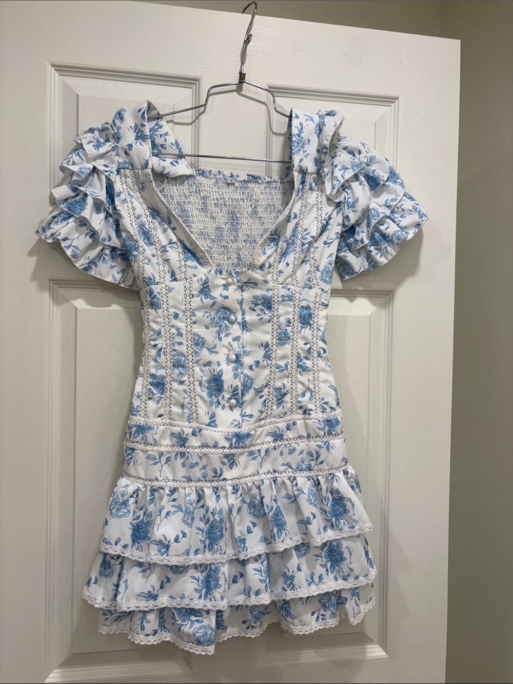 Blue Floral Ruffle Mini Dress with V-Neck